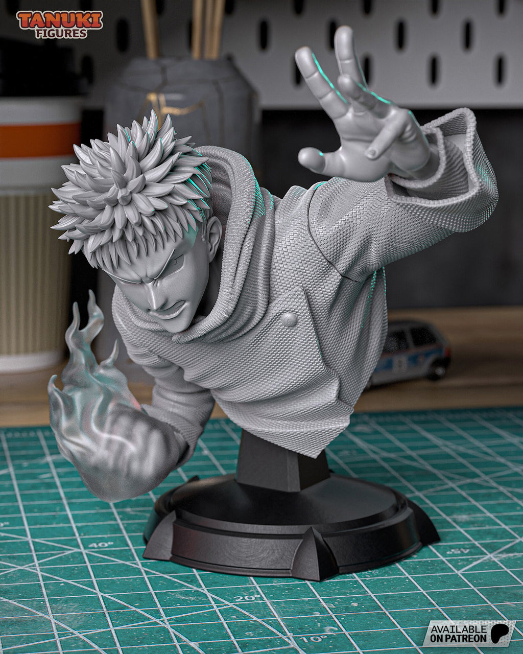 Studio photo of an unpainted gray test print (kit ships unpainted): front three-quarter view of the lunging bust, flame-wrapped fist low and open hand raised high, on the black plinth