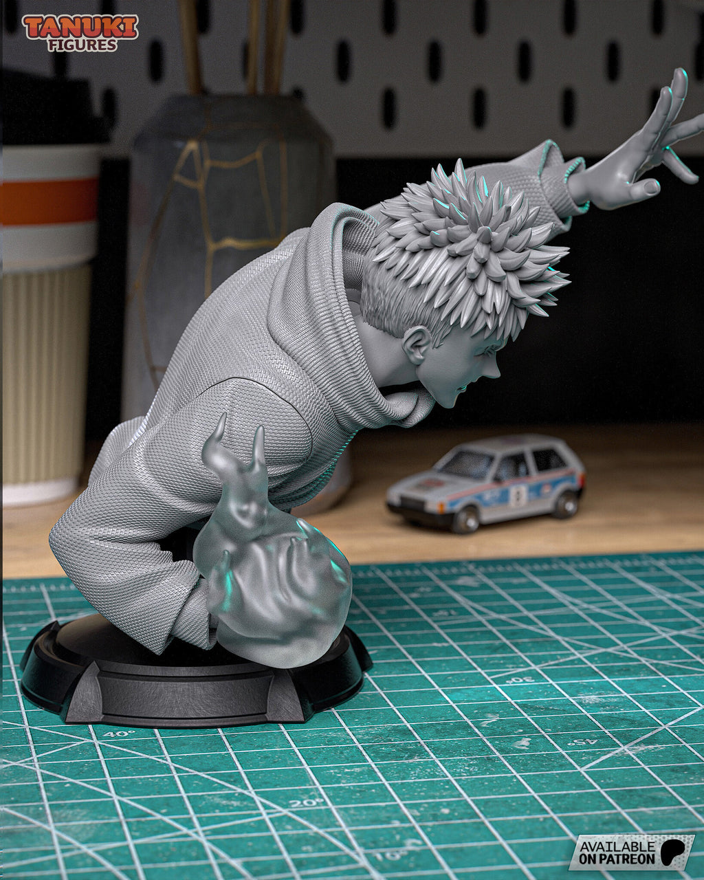 Studio photo of an unpainted gray test print: side profile of the bust leaning far forward, one arm reaching up and the flame fist low in front