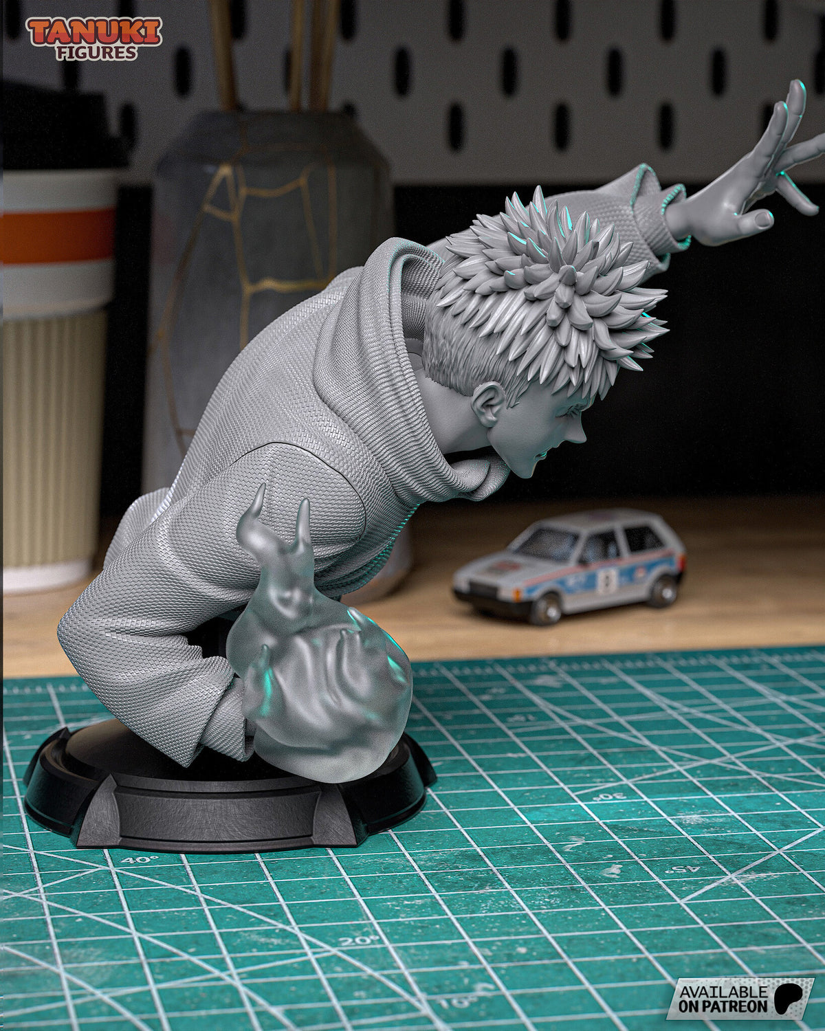 Studio photo of an unpainted gray test print: side profile of the bust leaning far forward, one arm reaching up and the flame fist low in front