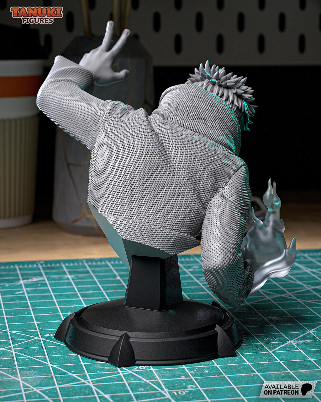 Studio photo of an unpainted gray test print: back view showing the woven jacket, the bunched hood and the flame fist from behind