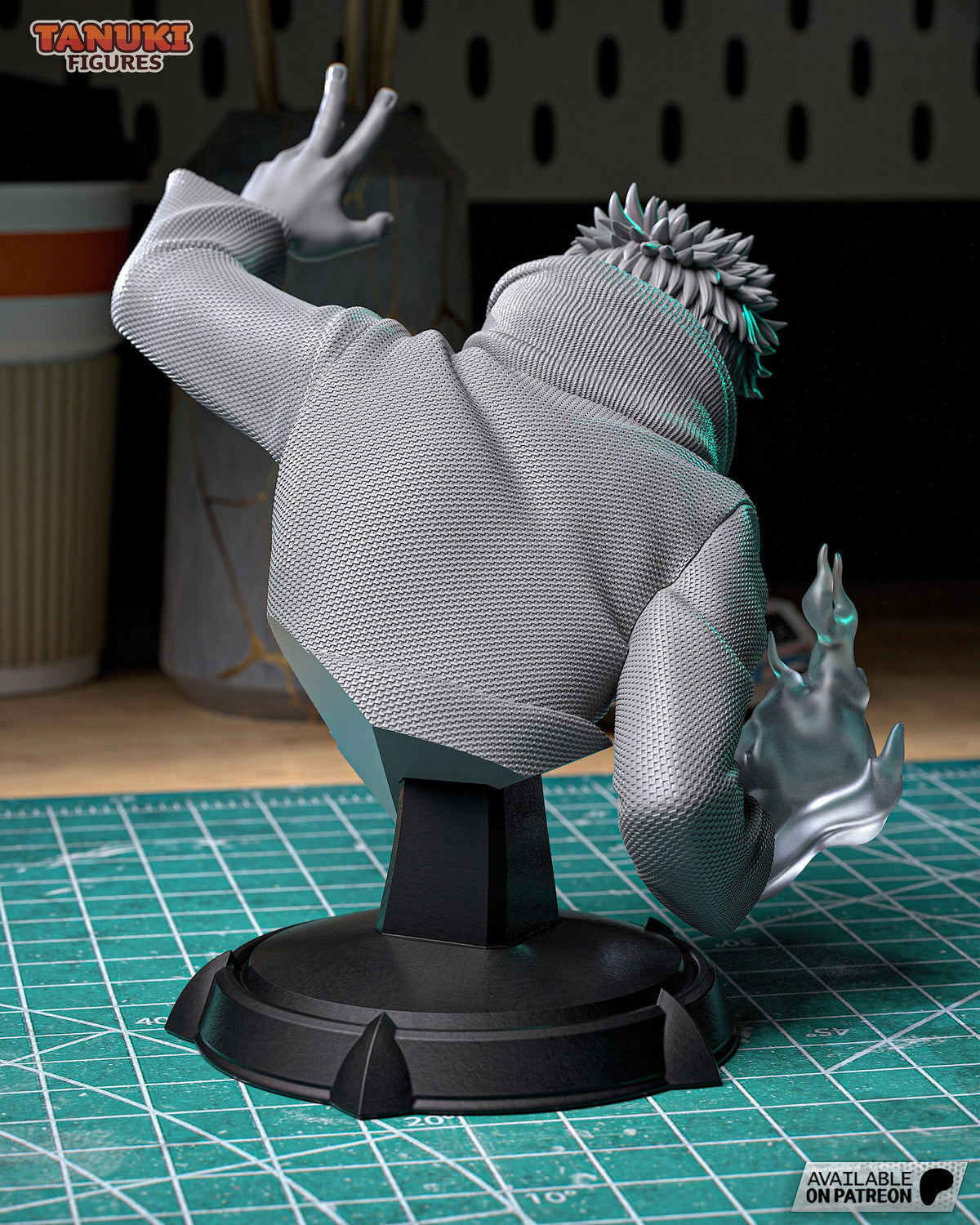 Studio photo of an unpainted gray test print: back view showing the woven jacket, the bunched hood and the flame fist from behind