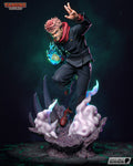 Sculptor's render of the painted design (kit ships unpainted): front view of the pink-haired fighter leaping off the rock crater, blue flames around his fist, bone blades and white smoke clouds around him