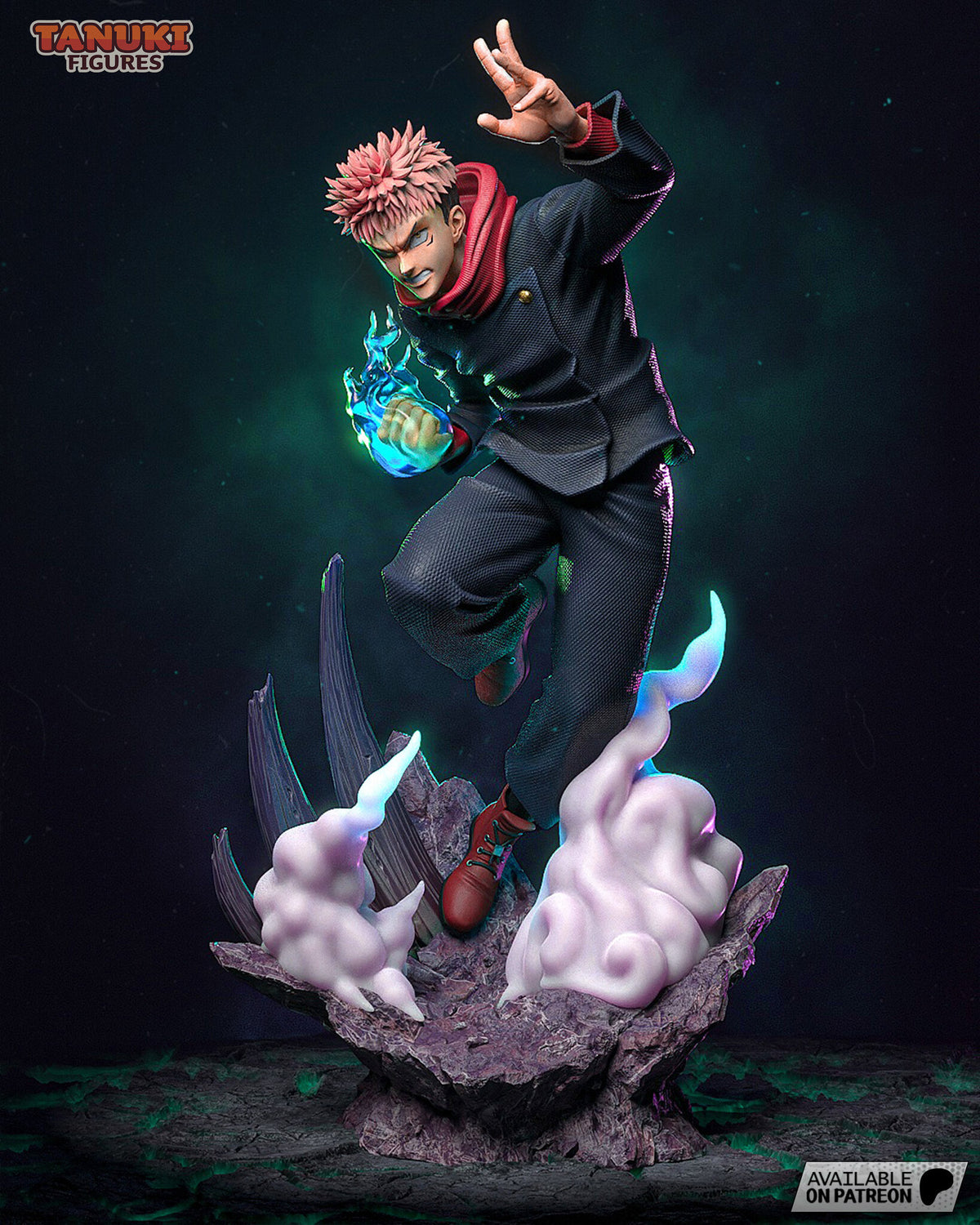 Sculptor's render of the painted design (kit ships unpainted): front view of the pink-haired fighter leaping off the rock crater, blue flames around his fist, bone blades and white smoke clouds around him