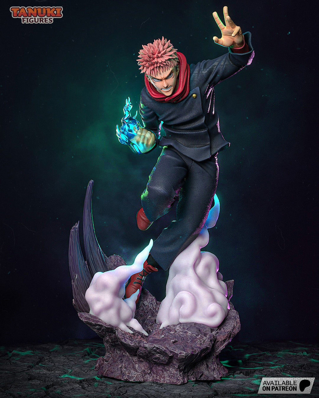 Sculptor's render (kit ships unpainted): three-quarter front view with the raised open hand, the red hood and the planted red shoe on the rock