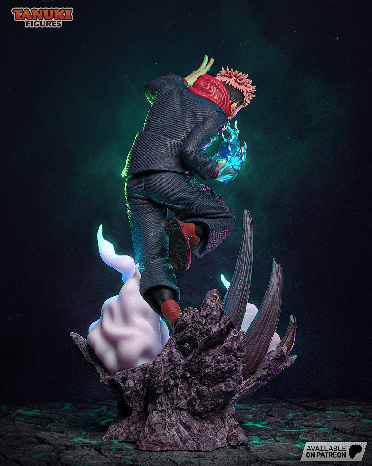 Sculptor's render (kit ships unpainted): back view of the leap, showing the rock pillar behind the planted foot, the bone blades and the smoke clouds