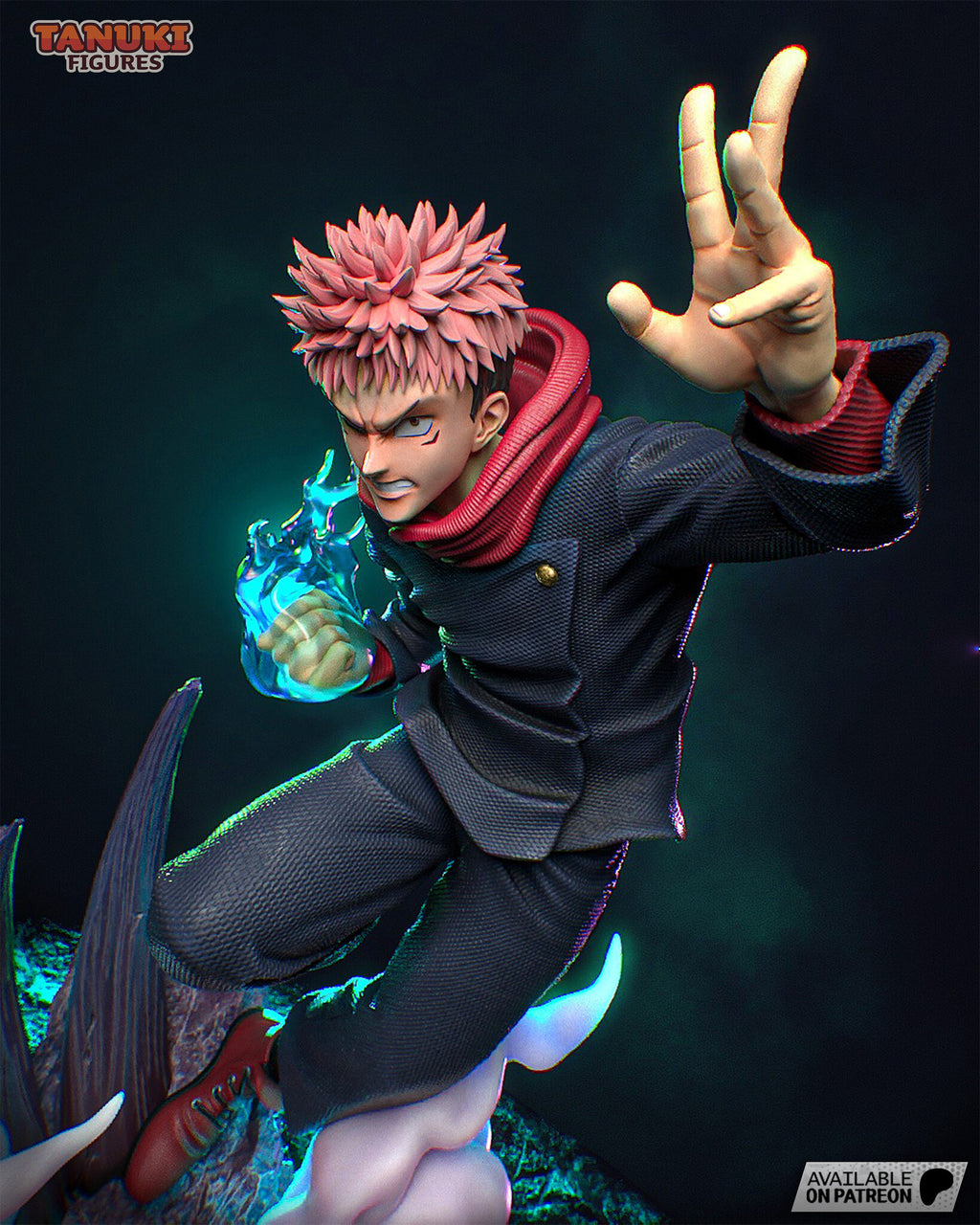 Sculptor's render (kit ships unpainted): close view of the gritted-teeth face, the blue flame fist and the raised open hand