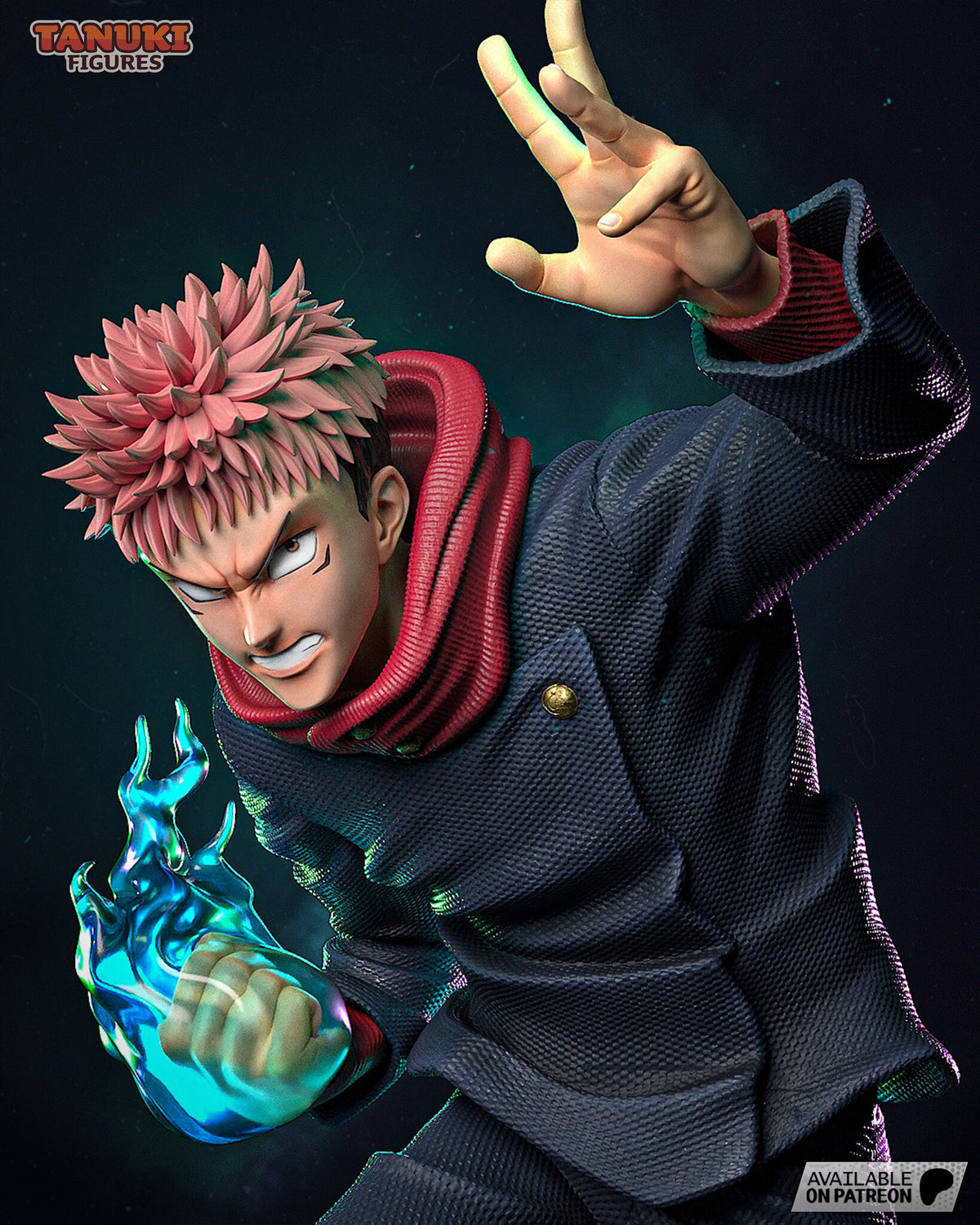 Sculptor's render (kit ships unpainted): upper-body view of the woven uniform jacket, the knit hood and the glassy blue flames around the fist