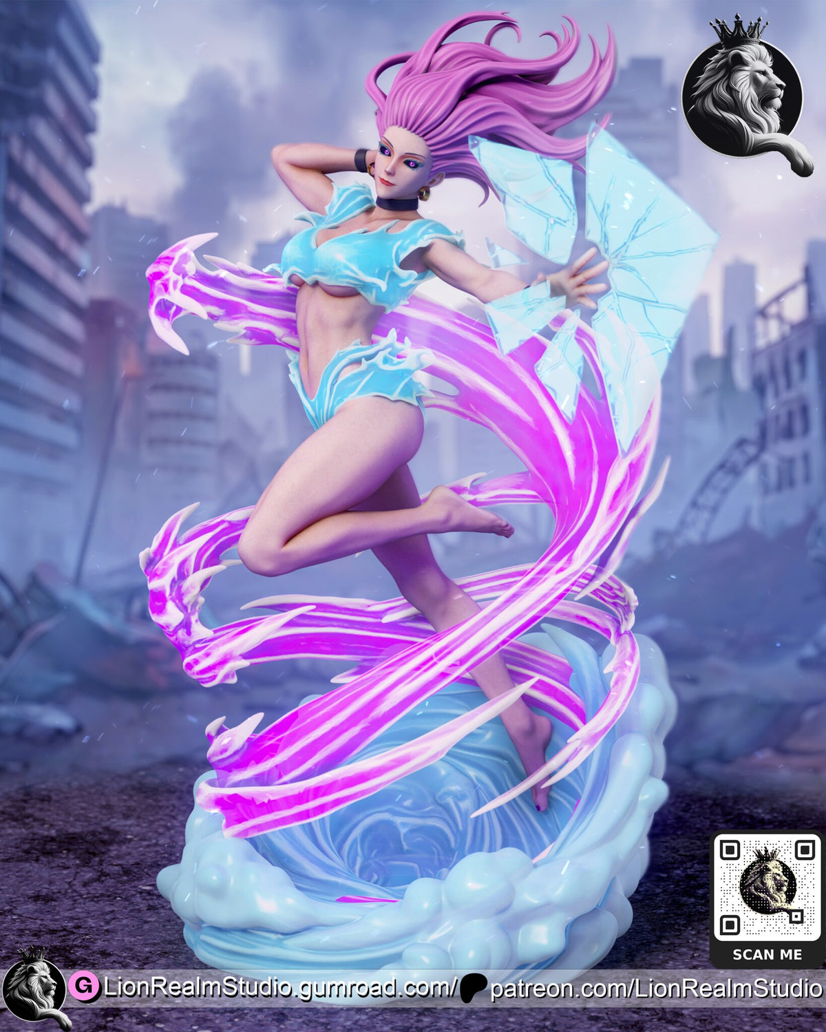 Sculptor's render of the painted design (kit ships unpainted): full view of the pink-haired sorceress rising from a pale blue cloud vortex inside a spiral of magenta energy ribbons, one hand pressed to a cracked blue pane