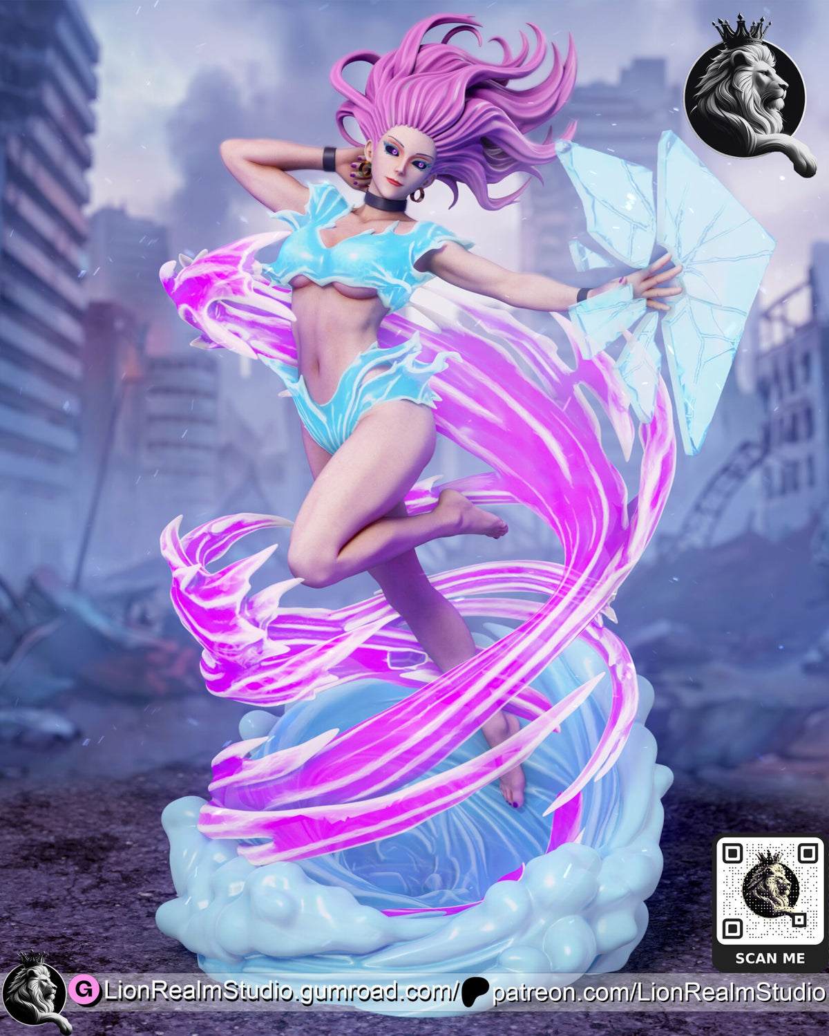 Sculptor's render (kit ships unpainted): nearly straight-on full view with both arms spread, the whole cracked pane and the ribbons wrapping her legs