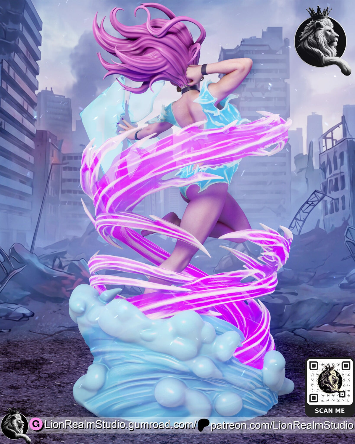Sculptor's render (kit ships unpainted): rear view of the streaming pink hair, the ribbons and the cloud piled high at the back of the base