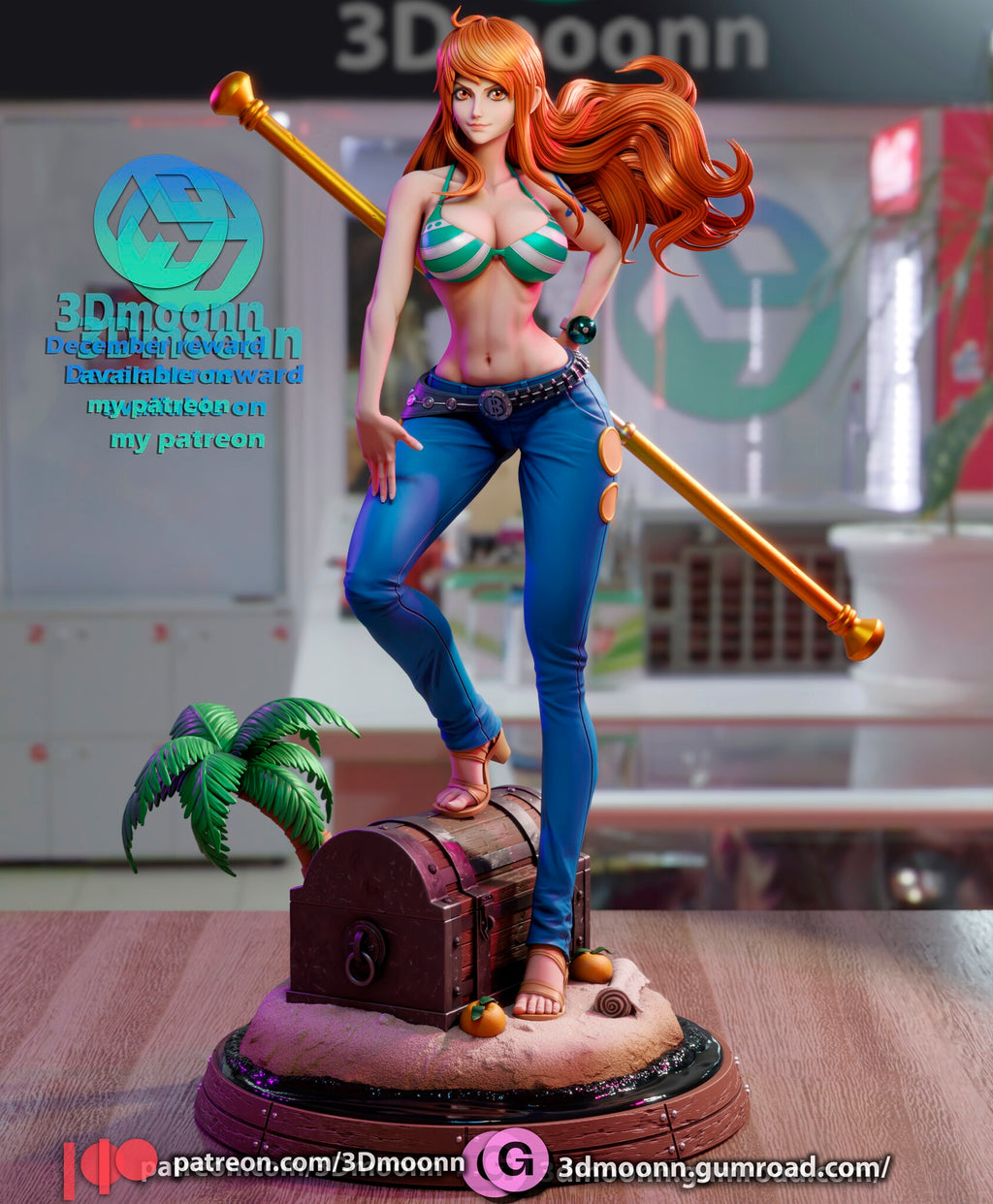 Sculptor's render of the painted design (kit ships unpainted): front view of the anime pirate navigator figure on its treasure chest island base