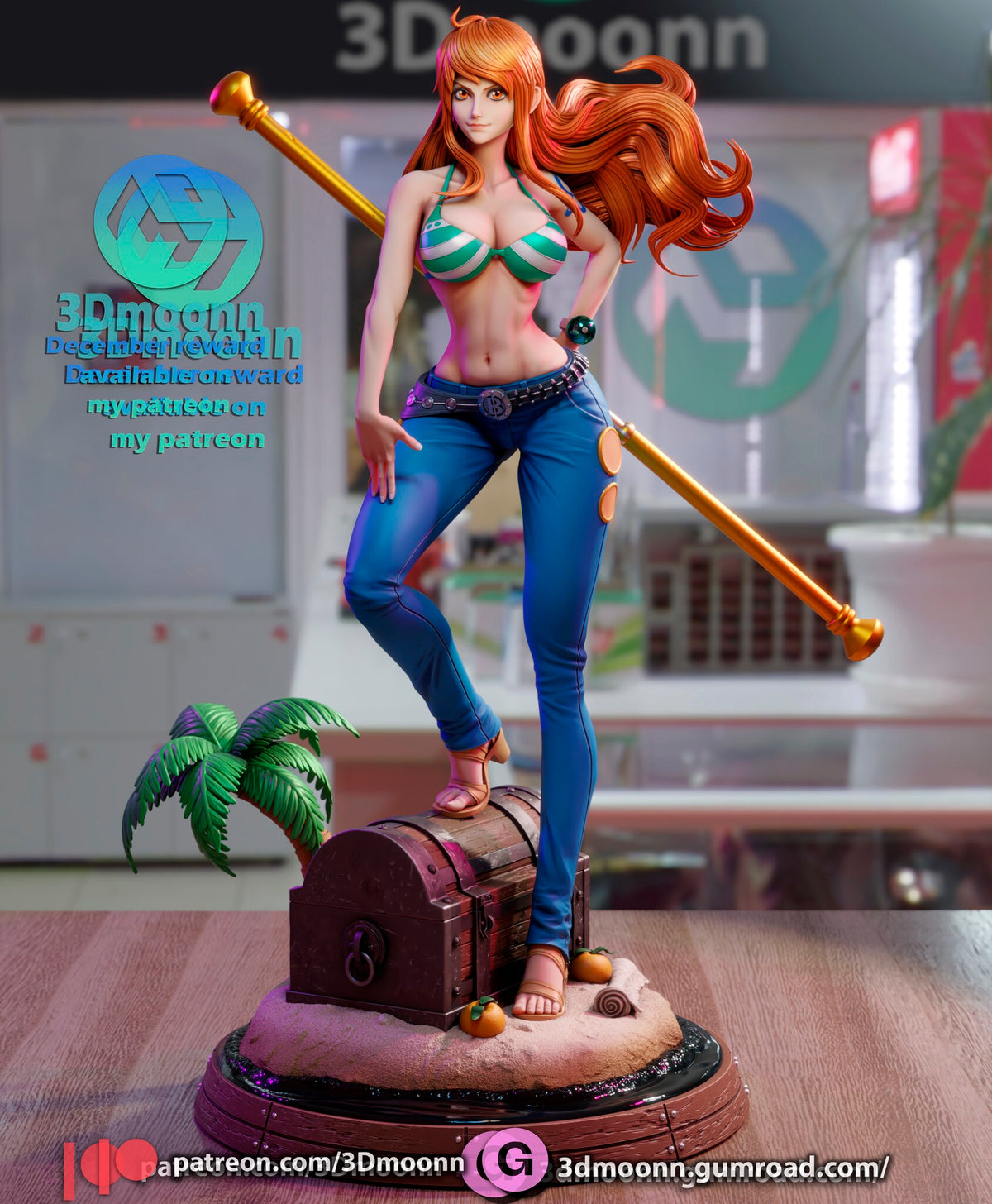 Sculptor's render of the painted design (kit ships unpainted): front view of the anime pirate navigator figure on its treasure chest island base