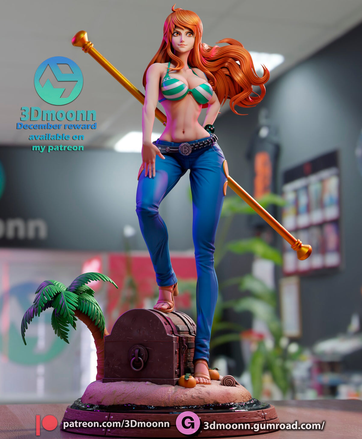 Sculptor's render (kit ships unpainted): three-quarter view from the left, staff crossing behind her back