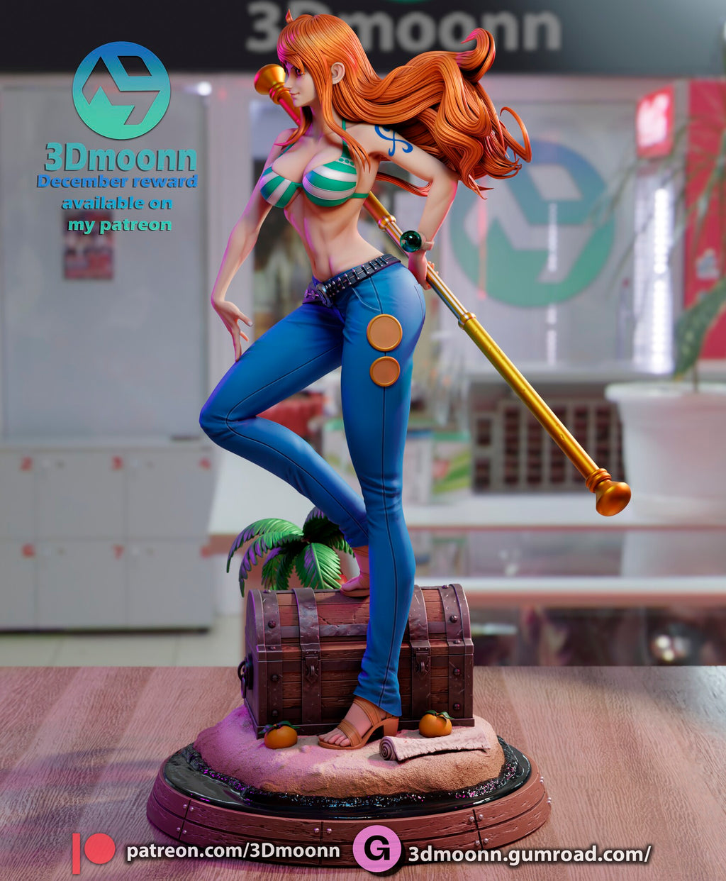 Sculptor's render (kit ships unpainted): side view showing the raised foot on the treasure chest