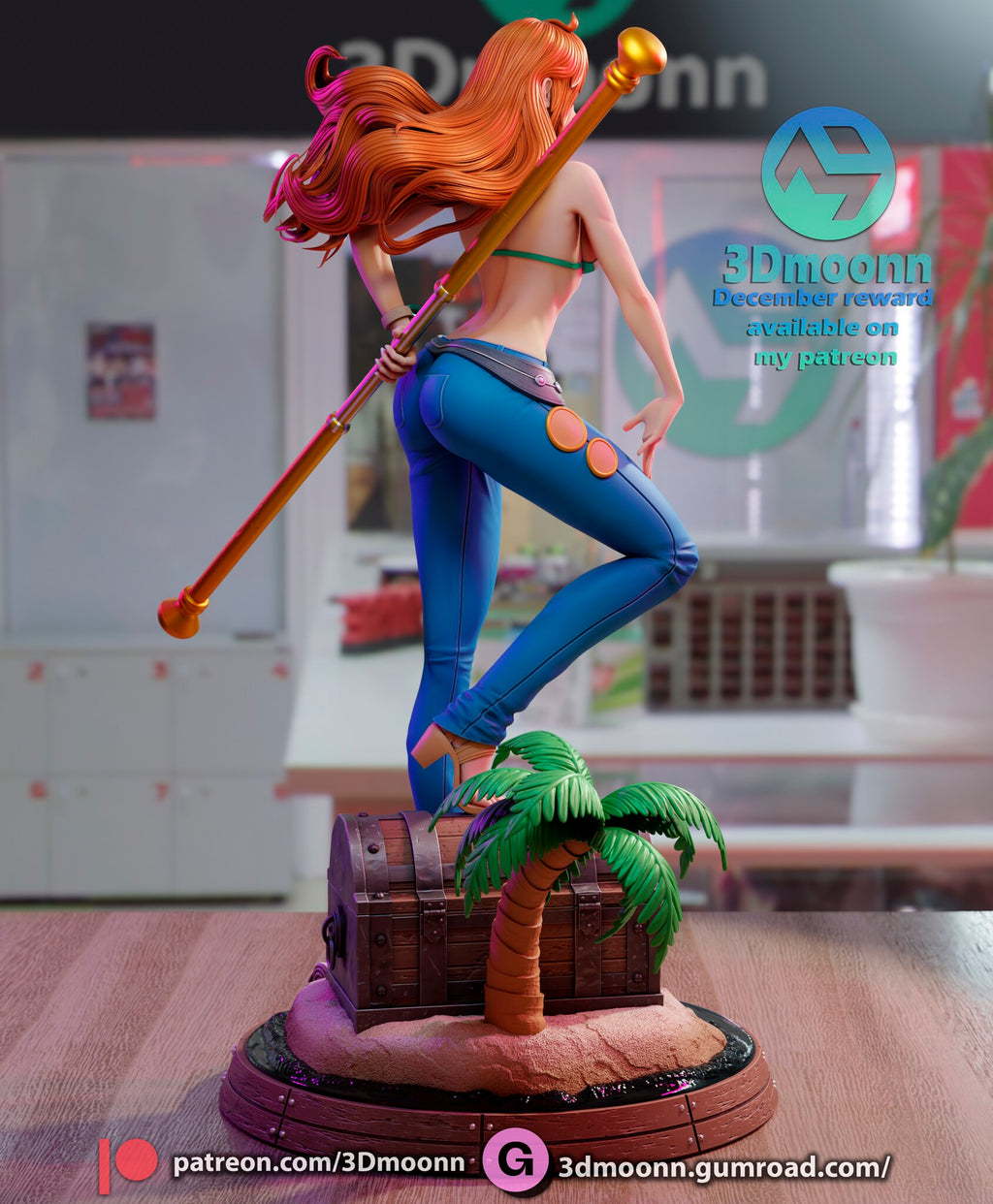 Sculptor's render (kit ships unpainted): back view showing the wind-blown hair and the staff