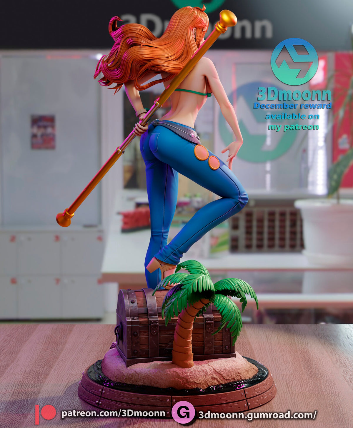 Sculptor's render (kit ships unpainted): back view showing the wind-blown hair and the staff