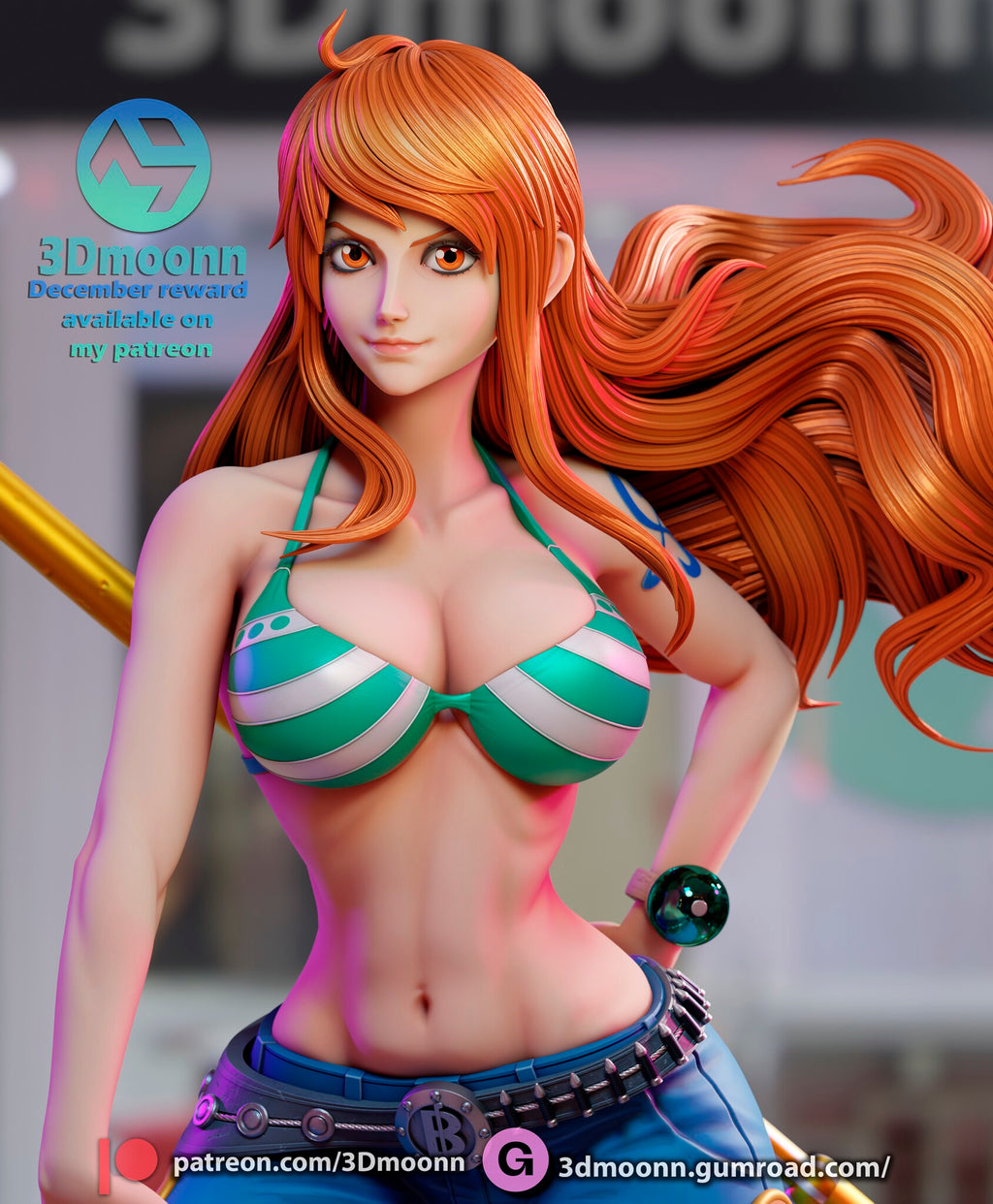 Sculptor's render (kit ships unpainted): close-up of the face, hair and striped top