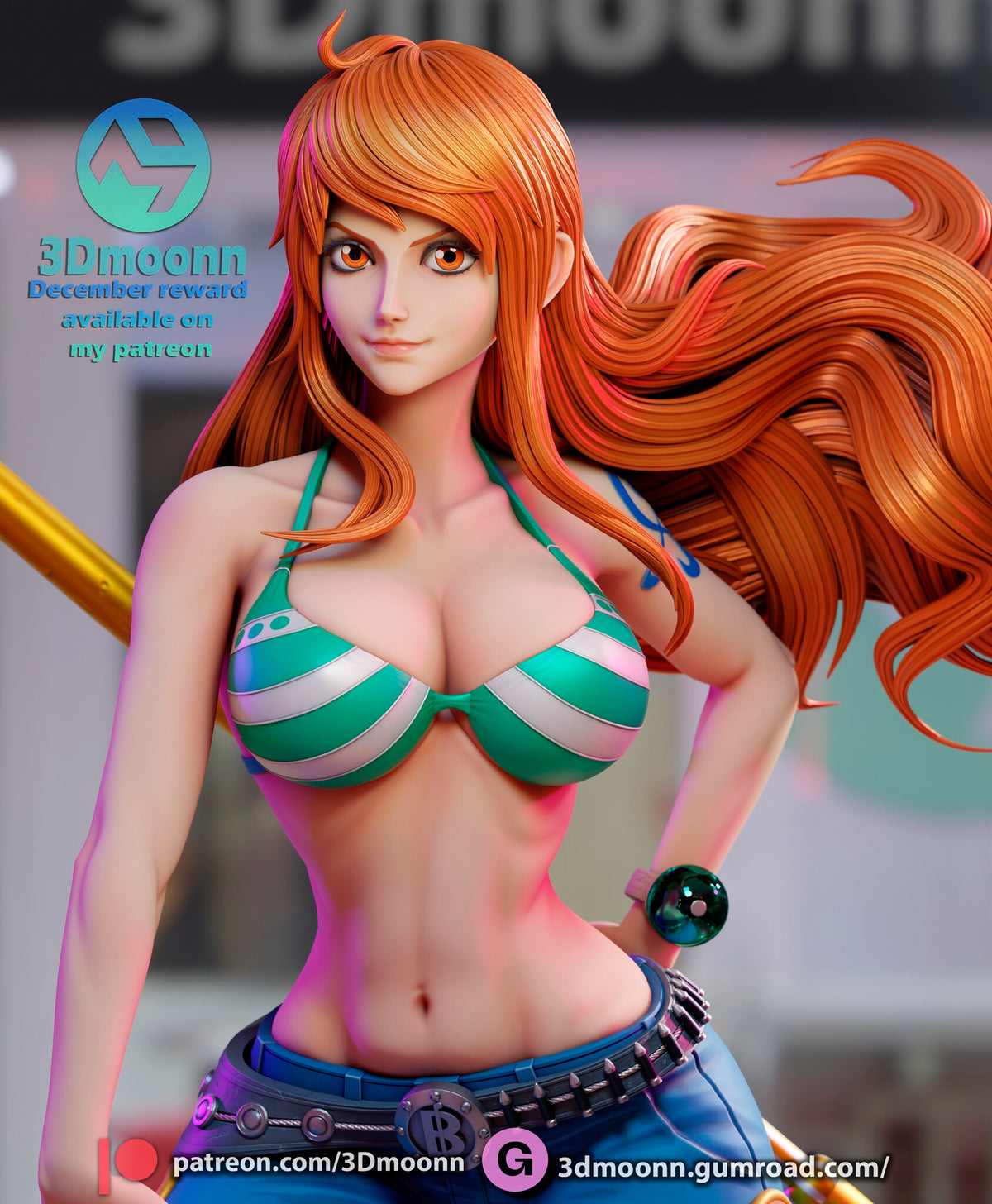 Sculptor's render (kit ships unpainted): close-up of the face, hair and striped top