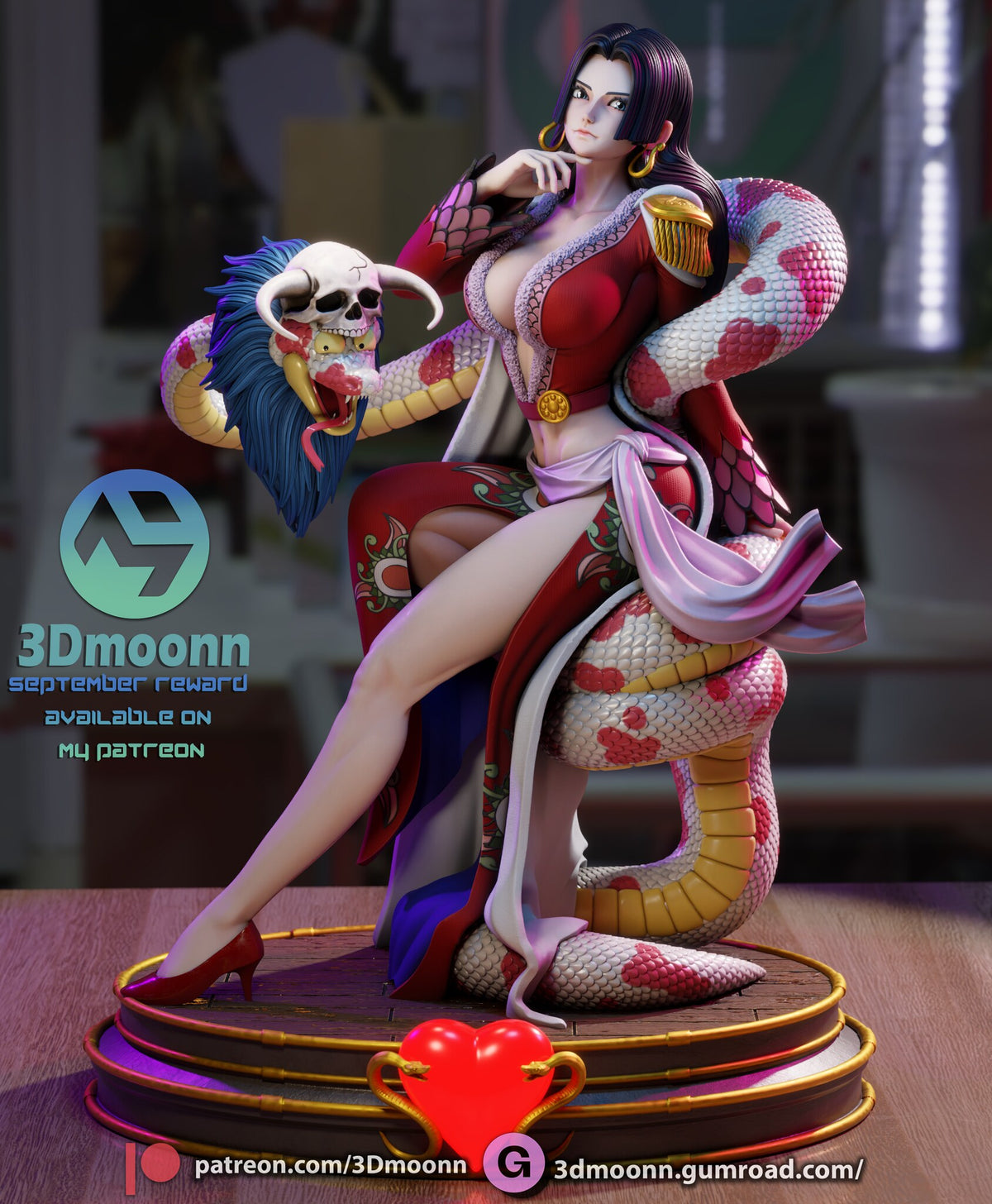 Sculptor's render of the painted design (kit ships unpainted): front view of the seated figure and the snake on the round base