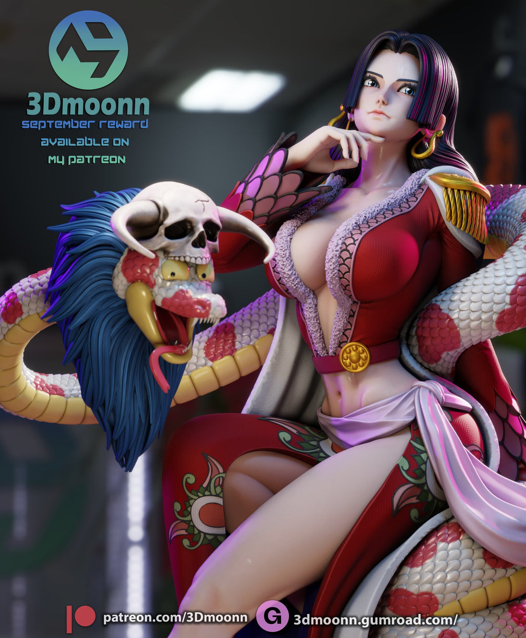 Sculptor's render (kit ships unpainted): close-up of the face, red jacket and the snake's horned skull