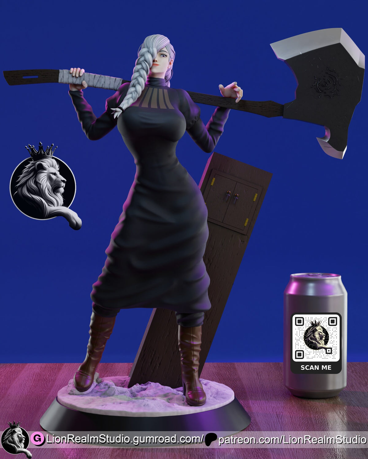 Sculptor's render of the painted design (kit ships unpainted): front view of the platinum-haired woman in a long black dress with a huge axe across her shoulders, a wooden coffin leaning behind her on a round snowy base