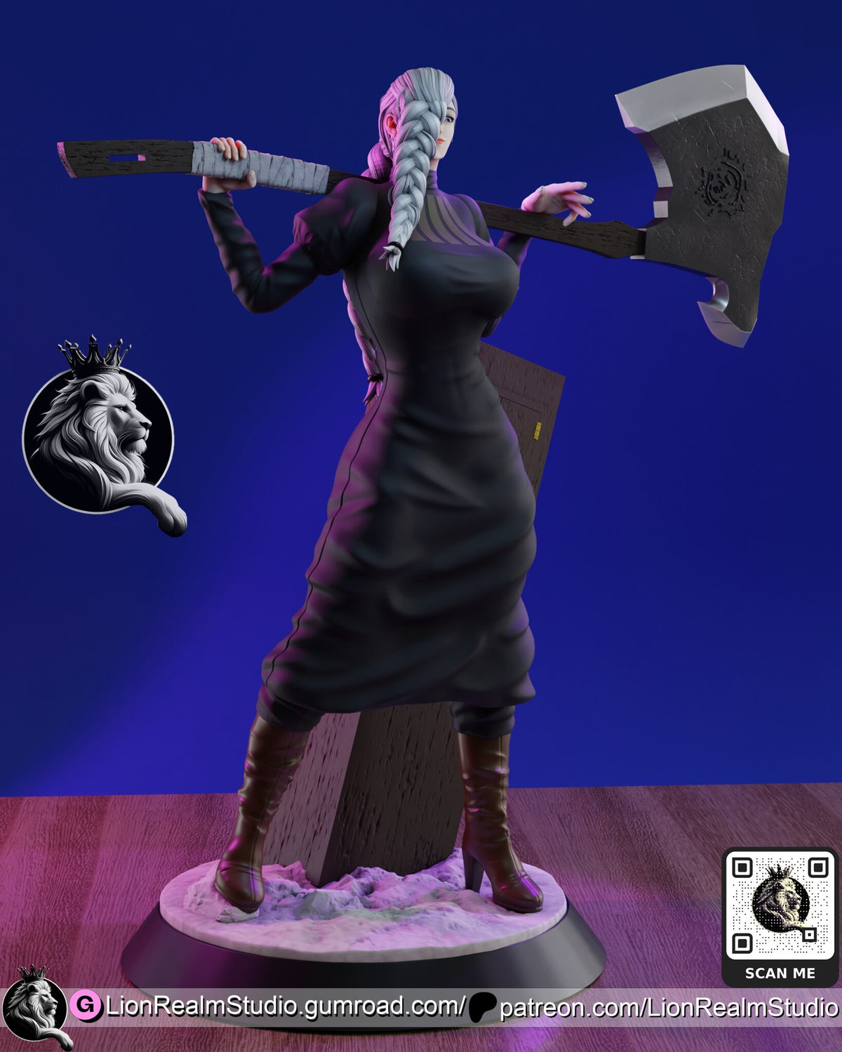 Sculptor's render (kit ships unpainted): view from her right front, showing the long braid down her back, the puffed sleeve and the axe blade