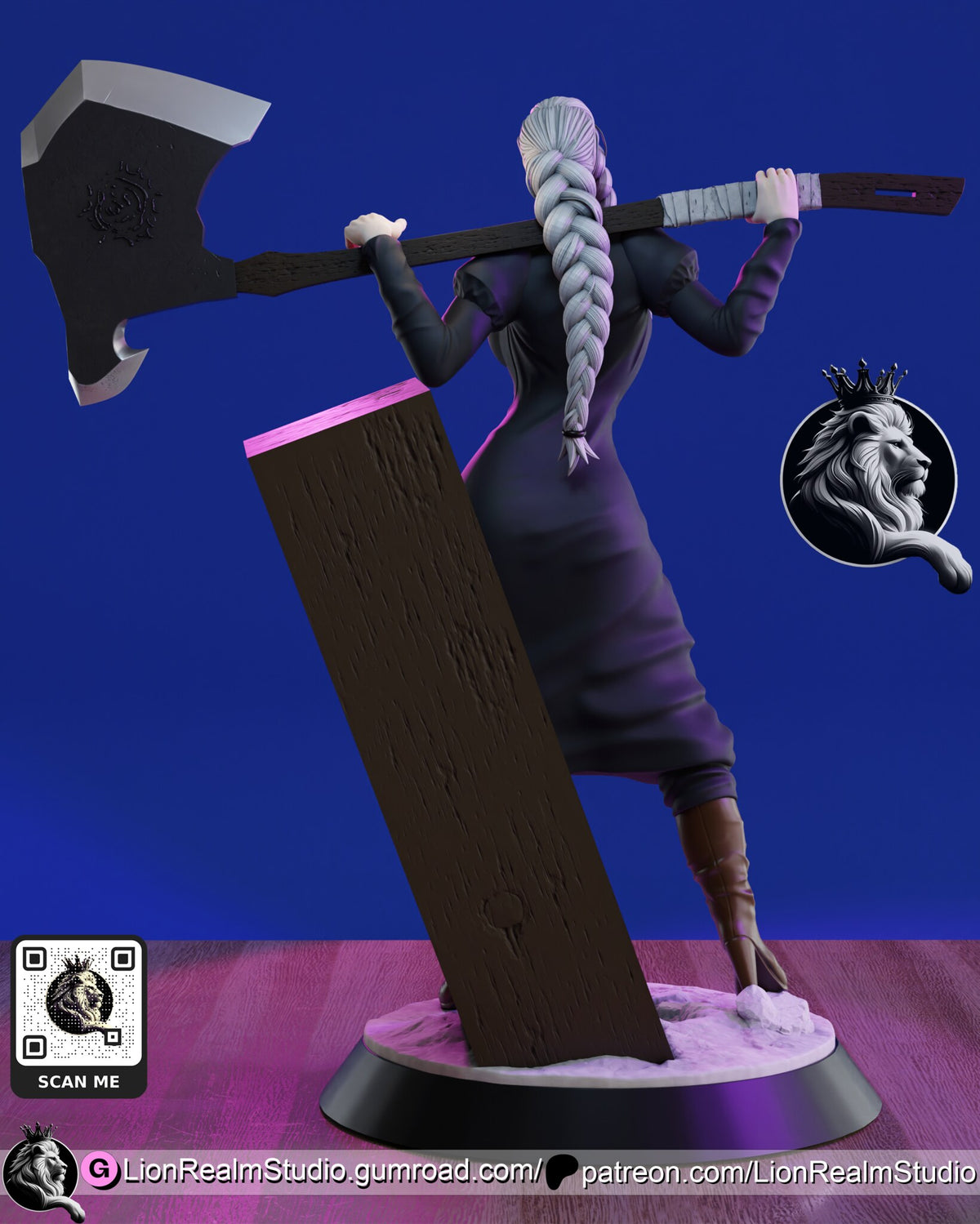 Sculptor's render (kit ships unpainted): back view with the plain back of the leaning coffin in front, the long braid and the axe across her shoulders