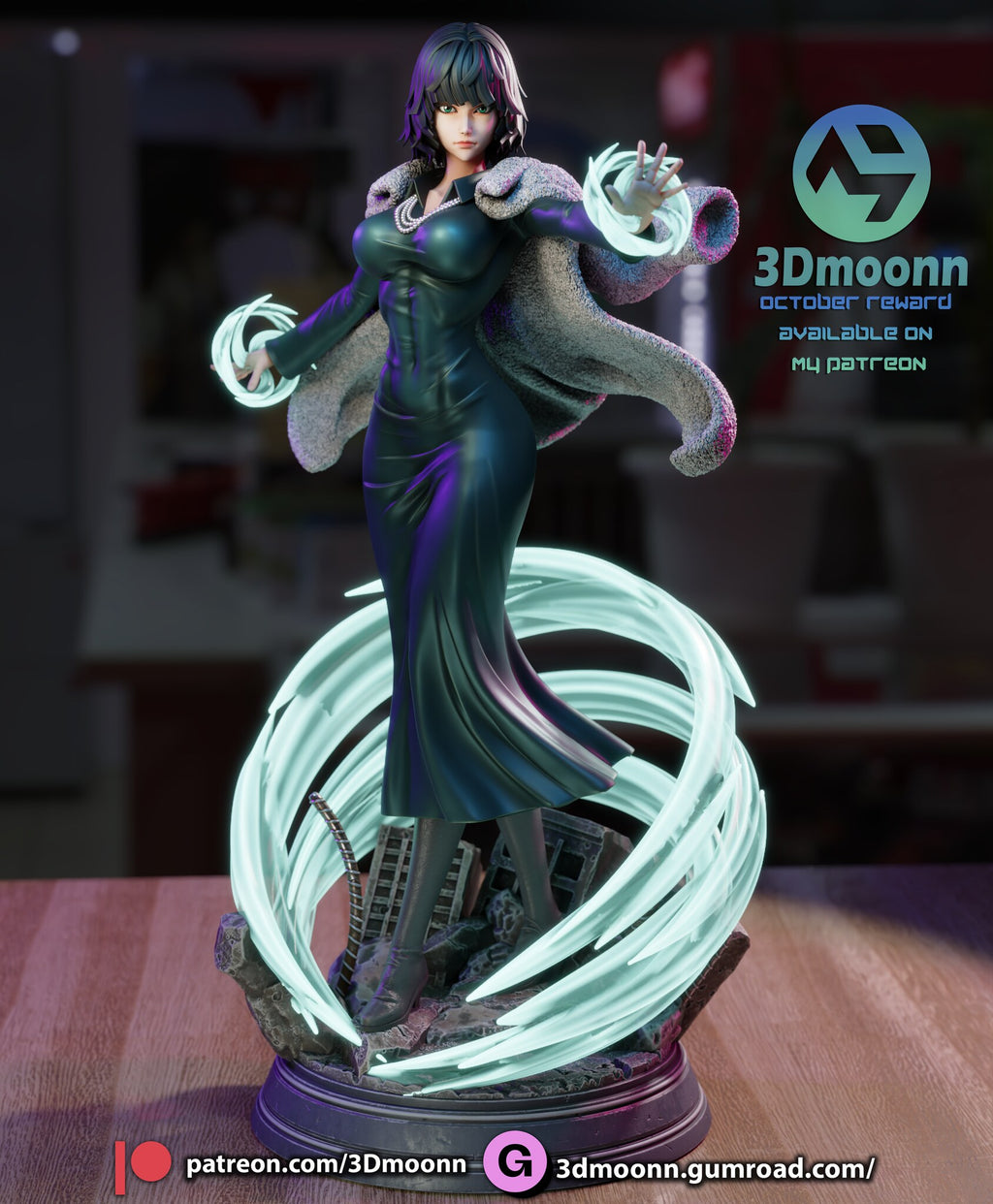 Sculptor's render of the painted design (kit ships unpainted): front view of the heroine in a green dress and fur coat, hands open, inside a glowing energy swirl on a ruined-city base