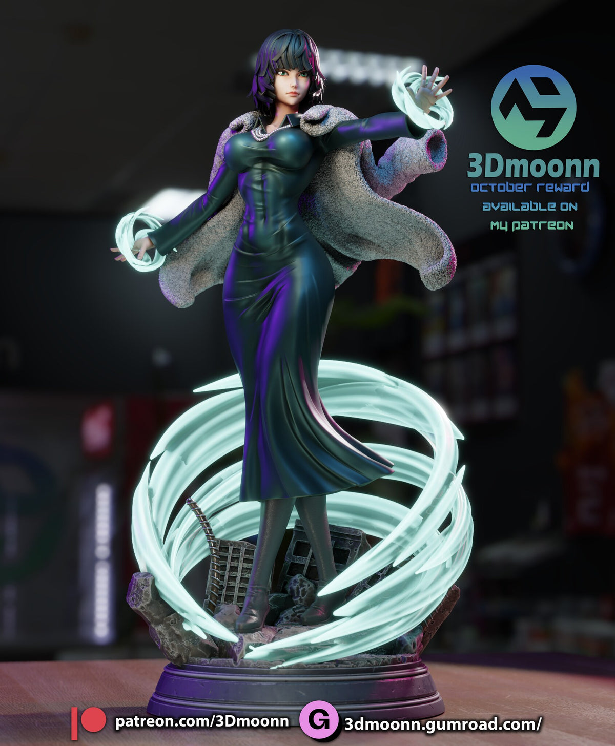 Sculptor's render (kit ships unpainted): lower front view with broken window frames and rebar behind her boots