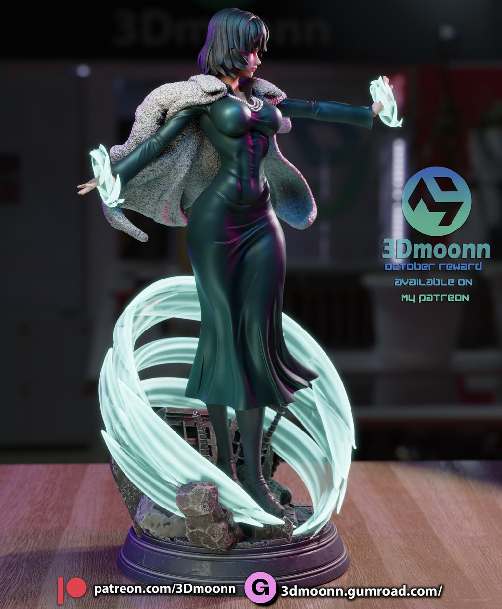 Sculptor's render (kit ships unpainted): side view in profile with one arm extended above a large rock on the base