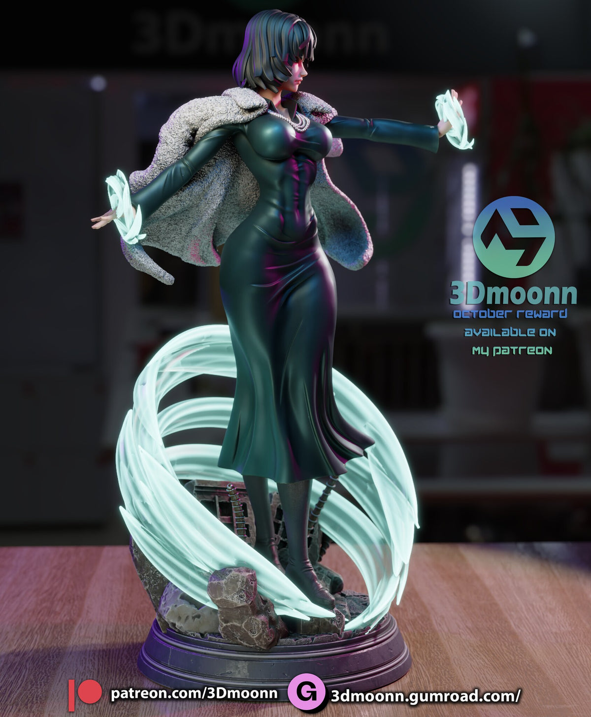 Sculptor's render (kit ships unpainted): side view in profile with one arm extended above a large rock on the base