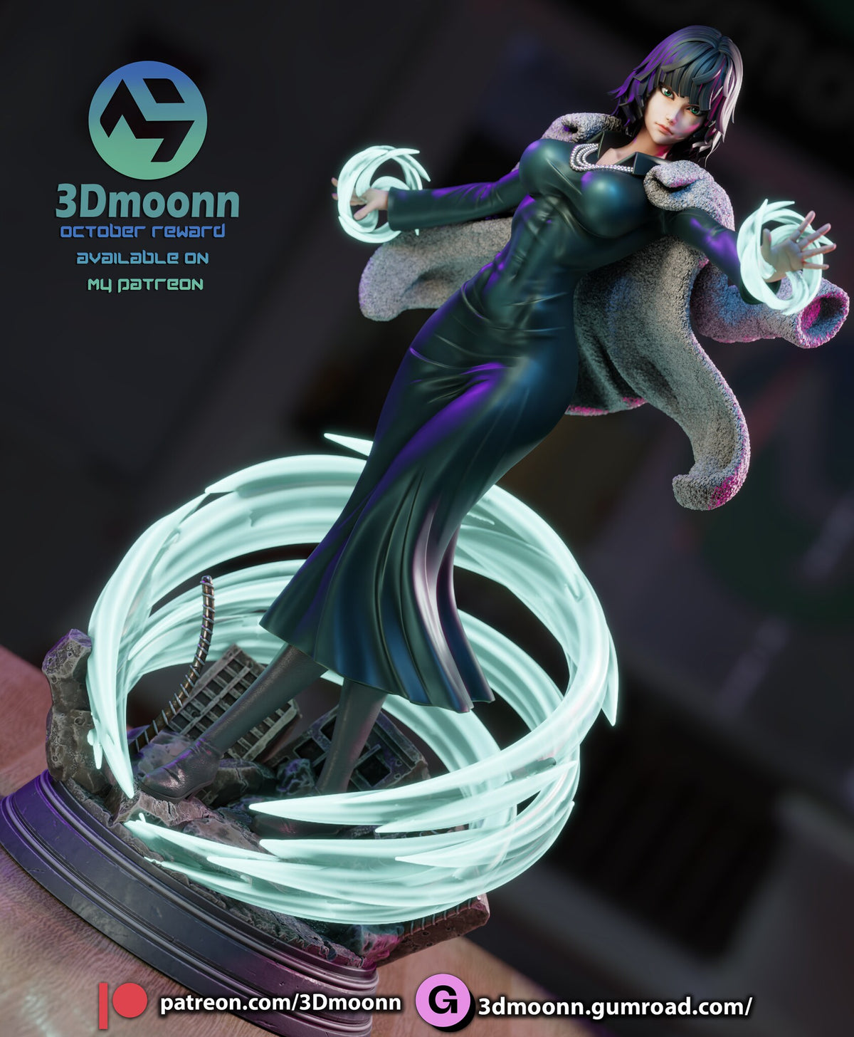 Sculptor's render (kit ships unpainted): tilted low view with the swirl rings stacked around her and the plinth rim in front