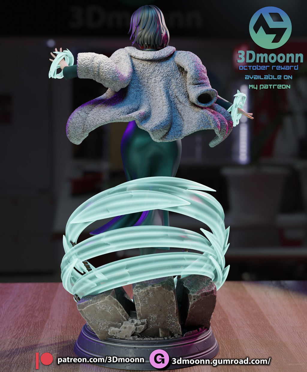 Sculptor's render (kit ships unpainted): rear view of the fur coat, the swirl rings and the concrete slabs at the back of the base