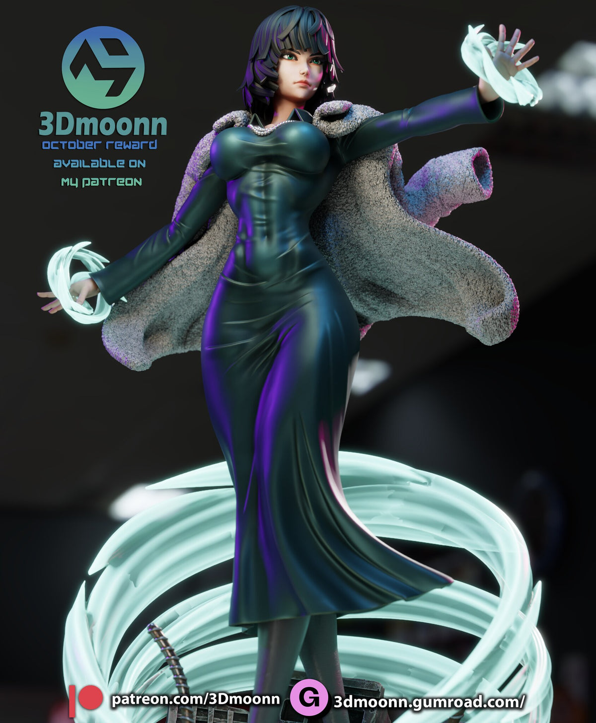 Sculptor's render (kit ships unpainted): low view from the knees up showing the glossy dress and the coat lining