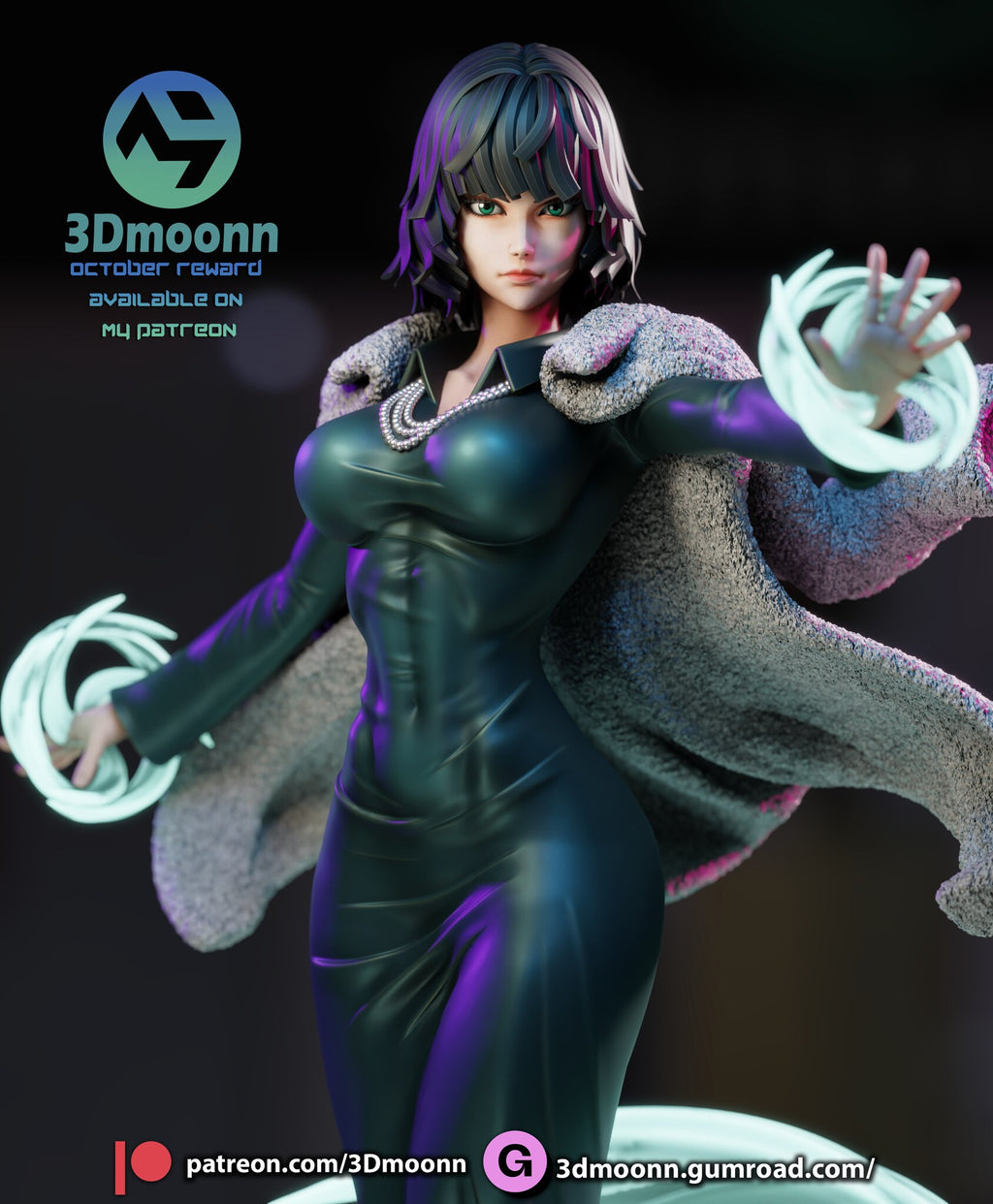Sculptor's render (kit ships unpainted): close-up of the face, pearls and fur coat with energy rings around the hands