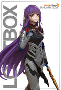 Sculptor's render of the painted design (kit ships unpainted): three-quarter view of the purple-haired demon noble in black and silver armor, one gauntleted hand at her collar and a gold spear held low