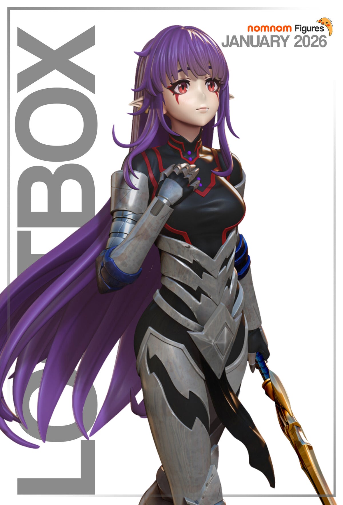 Sculptor's render of the painted design (kit ships unpainted): three-quarter view of the purple-haired demon noble in black and silver armor, one gauntleted hand at her collar and a gold spear held low