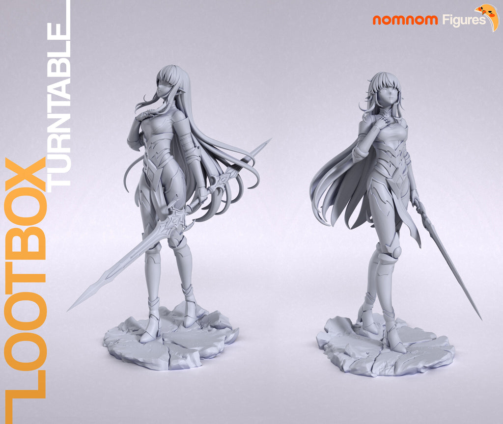 Sculptor's render (kit ships unpainted): gray front and side views of the full figure on the cracked rock slab, with the double-bladed spear and the long streaming hair