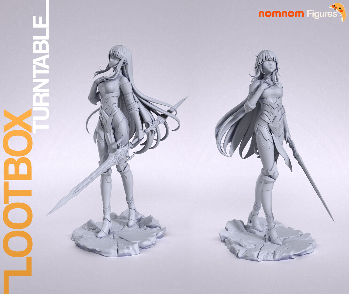 Sculptor's render (kit ships unpainted): gray front and side views of the full figure on the cracked rock slab, with the double-bladed spear and the long streaming hair