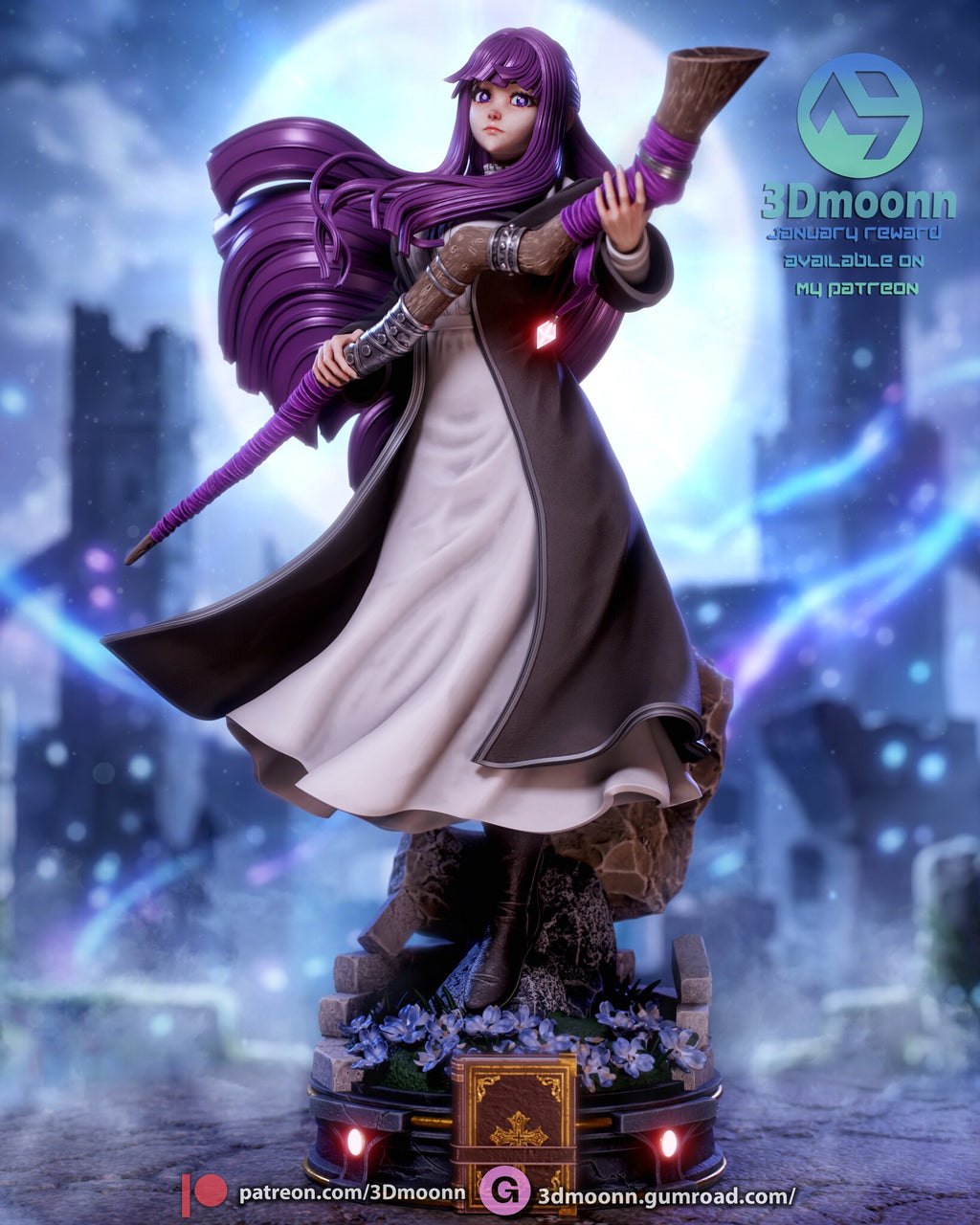 Sculptor's render of the painted design (kit ships unpainted): front three-quarter view of the mage holding her staff across her body on the ruined brick base