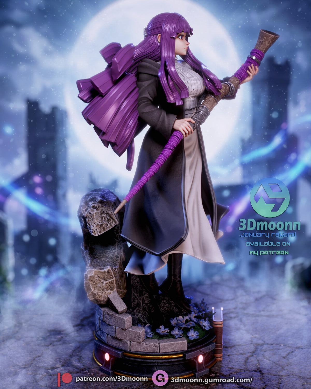 Sculptor's render (kit ships unpainted): side view with the long hair flowing behind and the boulder beside her