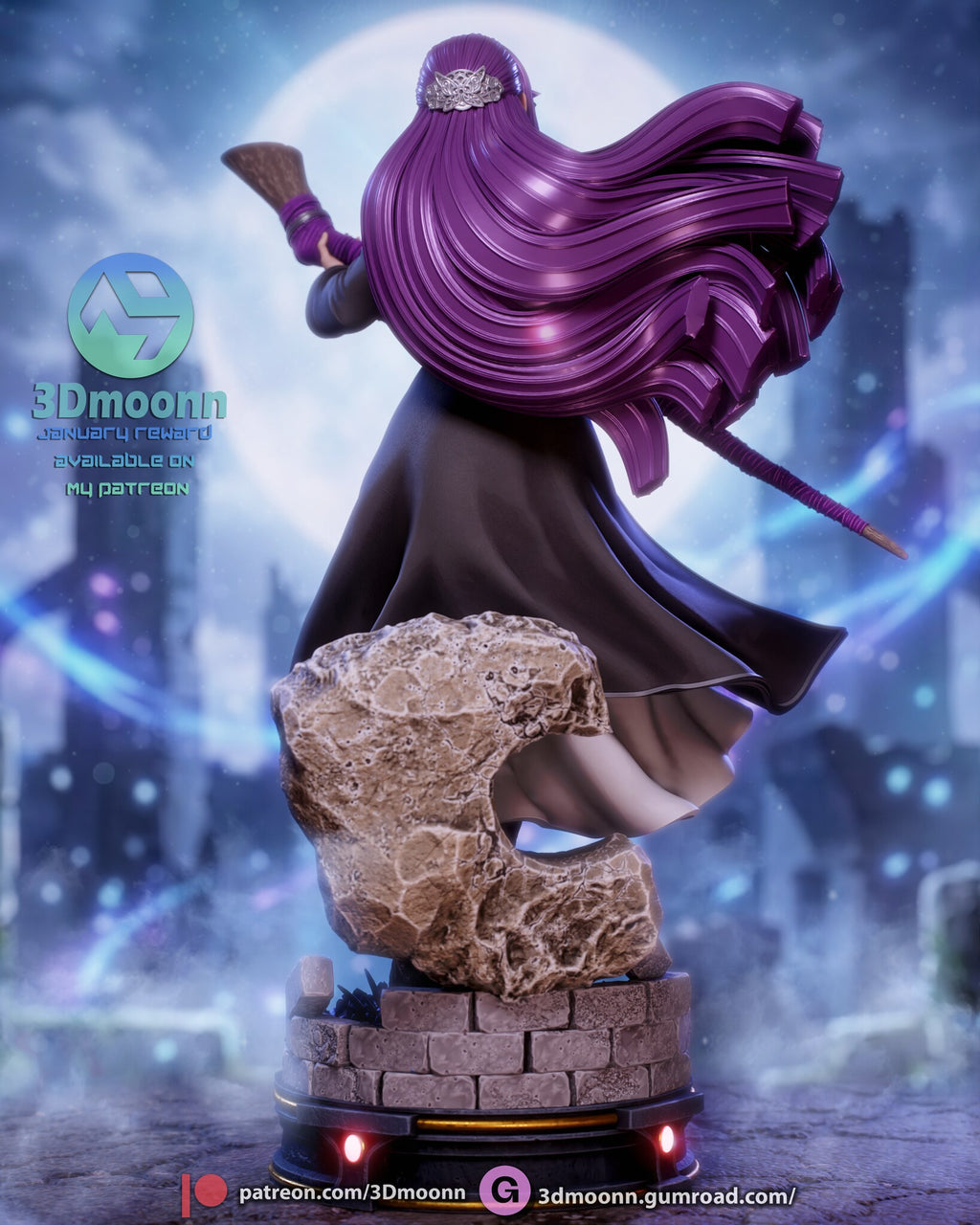 Sculptor's render (kit ships unpainted): rear view showing the long hair, a small hair clip, the coat back and the boulder