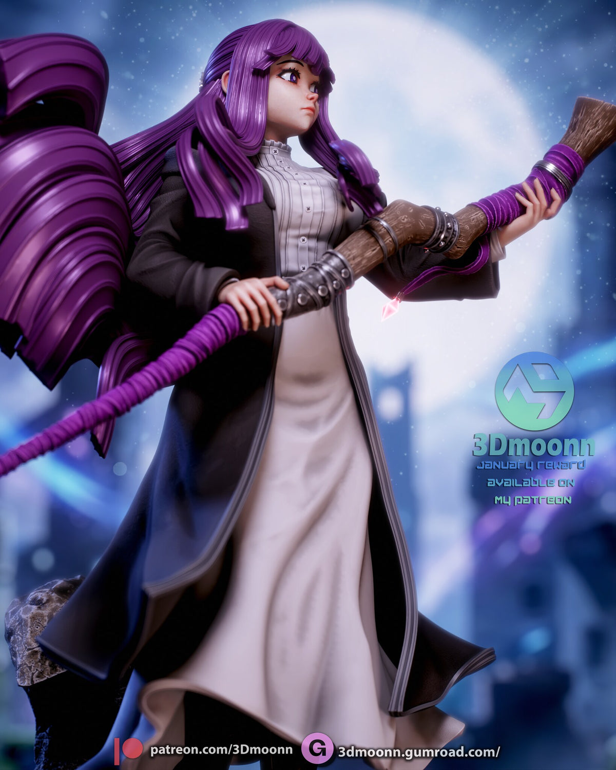 Sculptor's render (kit ships unpainted): low close-up of the buttoned bodice, ruffled collar and staff