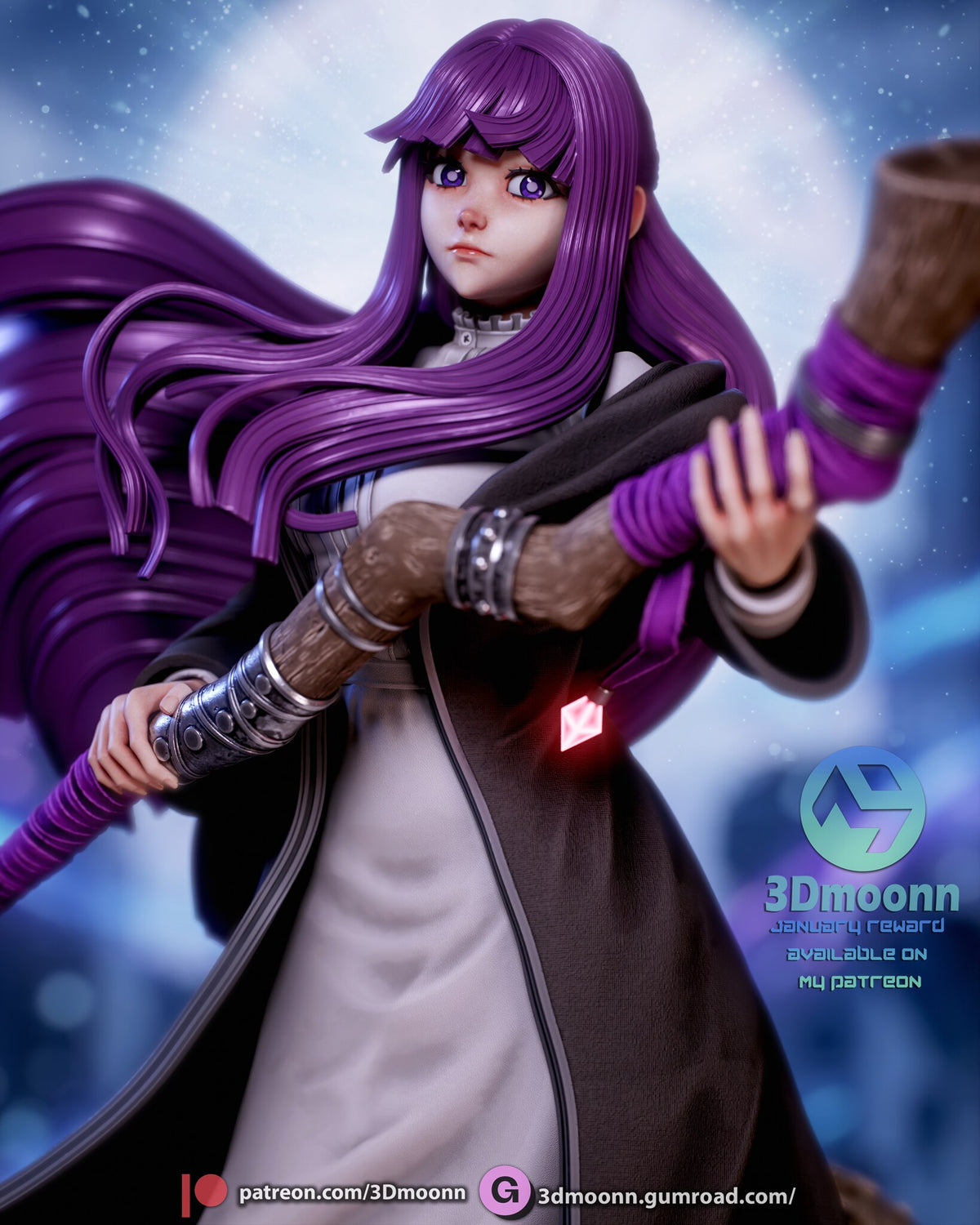 Sculptor's render (kit ships unpainted): close-up portrait with the cord-wrapped wooden staff in front
