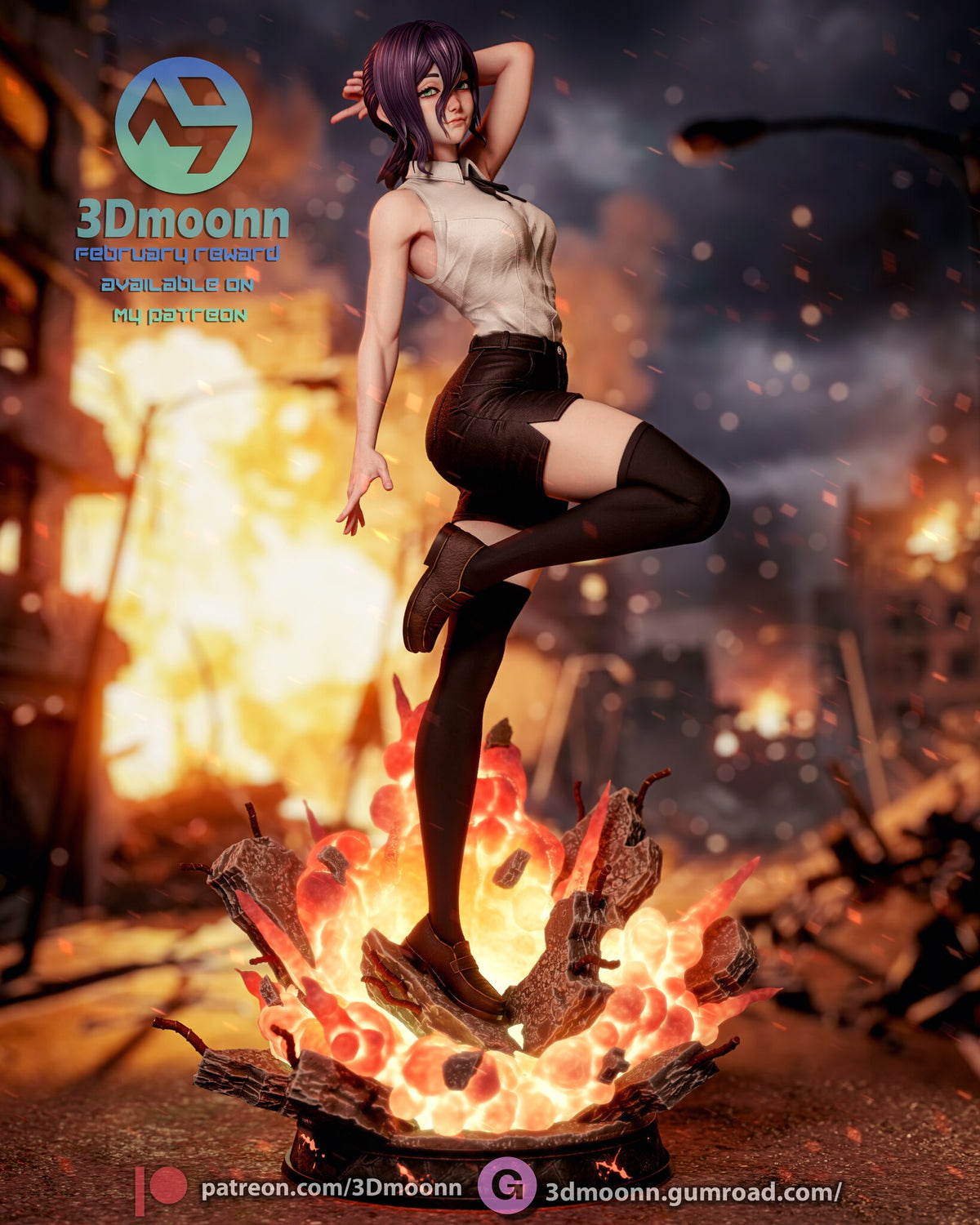 Sculptor's render of the painted design (kit ships unpainted): front full view of the purple-haired figure balancing on one foot in the fiery explosion, one arm raised behind her head