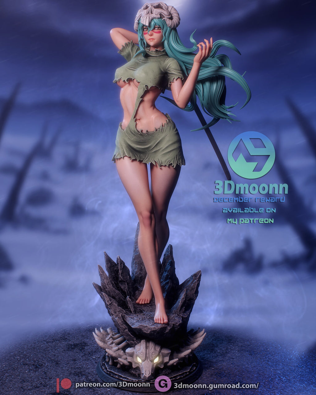 Sculptor's render of the painted design (kit ships unpainted): full front view of the teal-haired figure in a ram-skull mask, standing barefoot on the rock-spike base over a monster skull