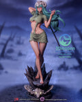 Sculptor's render of the painted design (kit ships unpainted): full front view of the teal-haired figure in a ram-skull mask, standing barefoot on the rock-spike base over a monster skull
