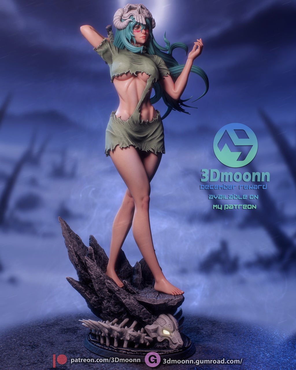 Sculptor's render (kit ships unpainted): three-quarter view from her right, with the sword hilt above her shoulder and rib bones around the base