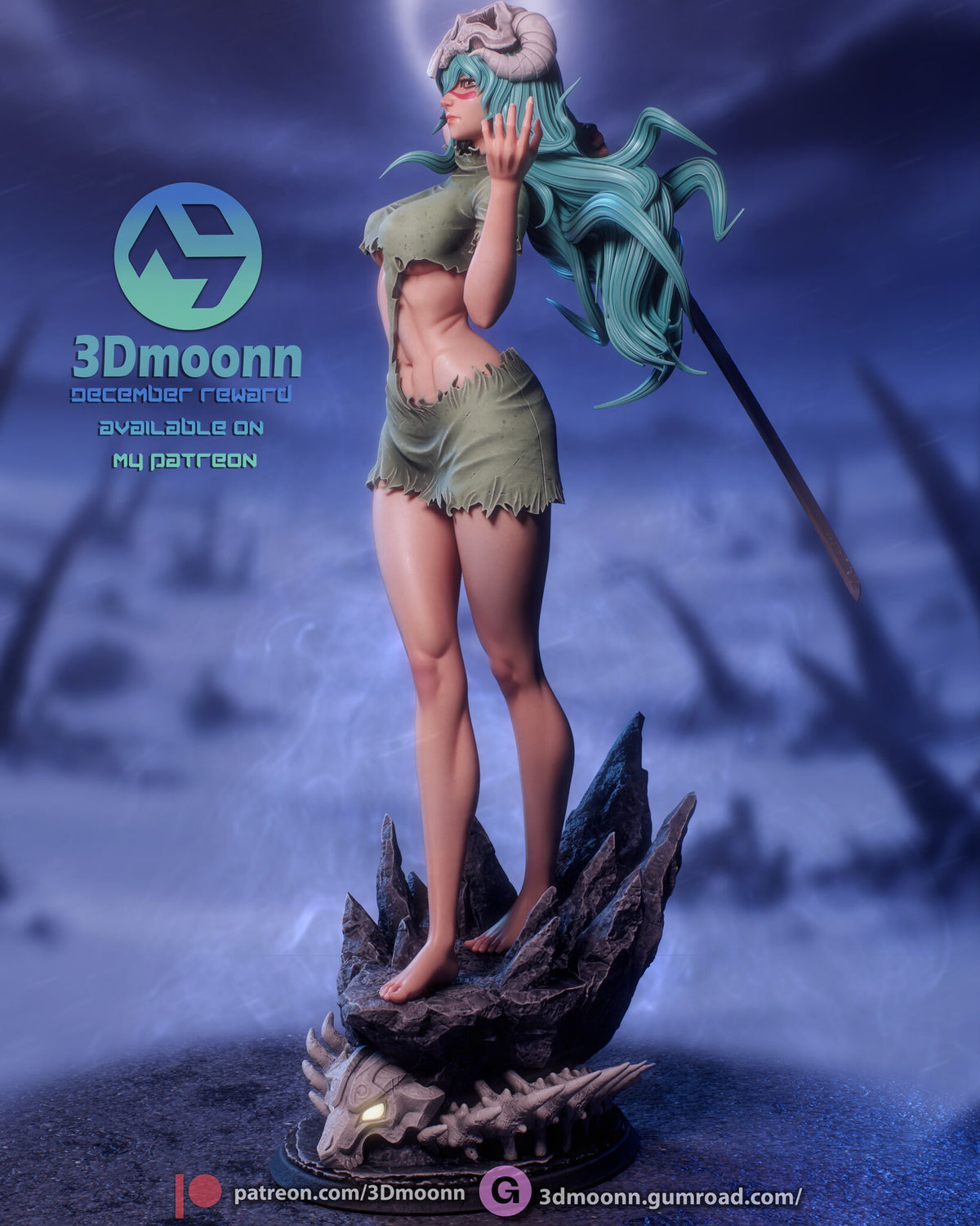Sculptor's render (kit ships unpainted): left profile, with the katana blade angled down behind her back