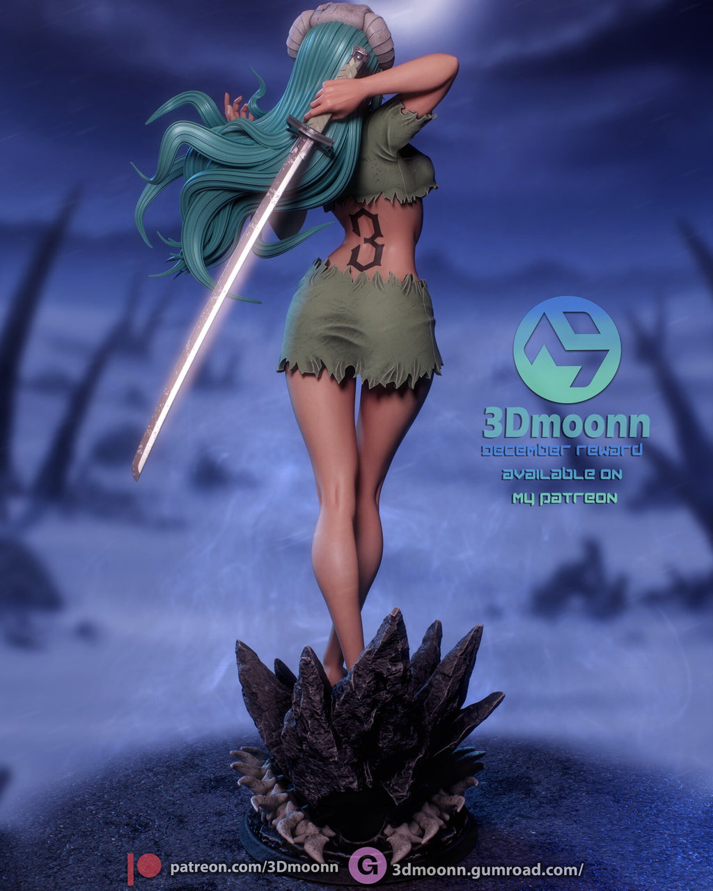 Sculptor's render (kit ships unpainted): back view of her holding the katana behind her head, with a numeral marking on her lower back